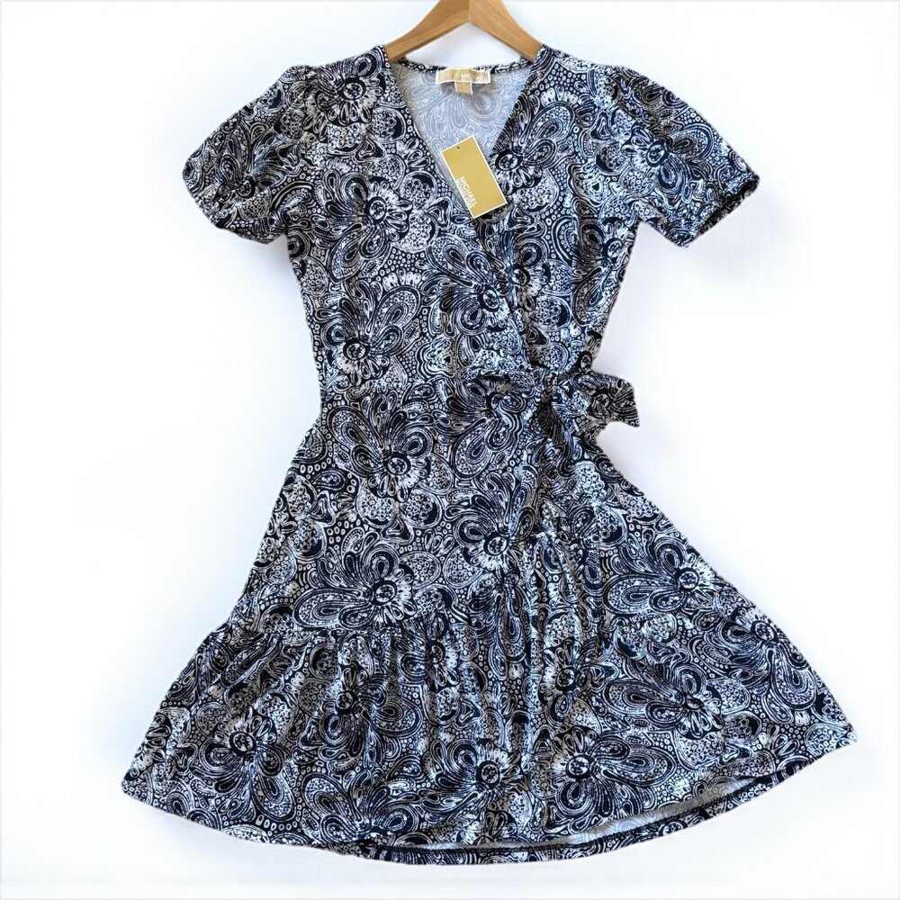 NWT Michael Kors Faux Wrap Midnight Blue Paisley Mini Dress Womens Size XS